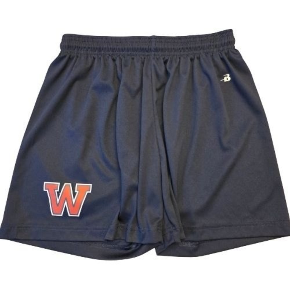 Badger Womens M Navy Blue Athletic Shorts Red W Graphic Logo‎ Performance Gym